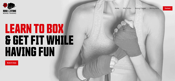 A person wrapping their hands with boxing wraps. A banner with the text "Learn to Box & Get Fit While Having Fun" is displayed. There is a "Book A Class" button and the logo "Rose & Stone Boxing Training.