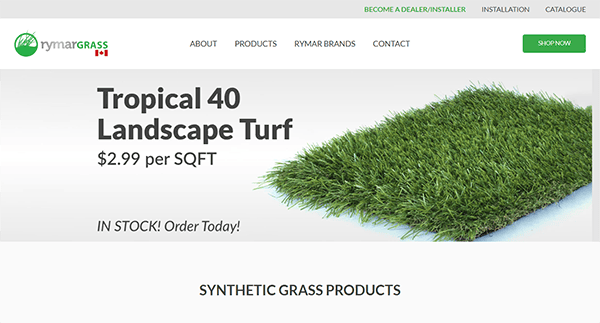 Website advertisement for Rymar Grass brand featuring "Tropical 40 Landscape Turf" priced at $2.99 per square foot, with a call to action to order. The top menu includes company information and product links.