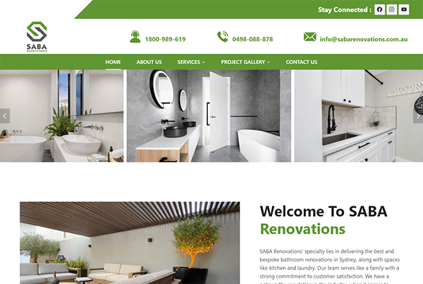 A screenshot of SABA Renovations' website homepage, showcasing photos of modern interiors, the company's contact details, and a brief welcome message.