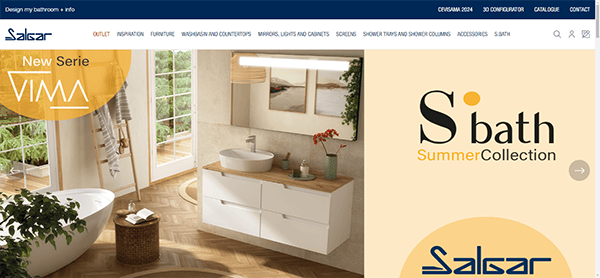 Screenshot of a webpage showing bathroom furniture from Salgar's Summer Collection. It features a sink cabinet, a bathtub, and a banner for the New Serie VIMA.