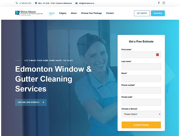 Screenshot of a cleaning service website featuring a banner with a smiling cleaner, contact details, and a form to get a free estimate for window and gutter cleaning in Edmonton.