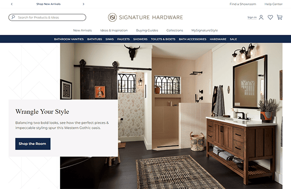 Website screenshot of Signature Hardware featuring a Western Gothic themed bathroom with dark wood accents and white walls. The site menu includes categories like Bathroom Vanities, and New Arrivals.