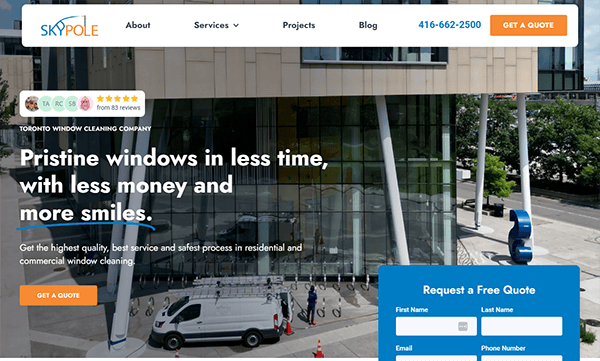 Screenshot of a website for a window cleaning company named Skypole. The website promotes their efficient and affordable service. There is a visible form for requesting a free quote.