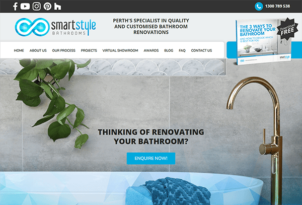 Website homepage of Smart Style Bathrooms displaying contact information, renovation services, and a call-to-action button for inquiries. Features a bathtub and a gold faucet in the foreground.