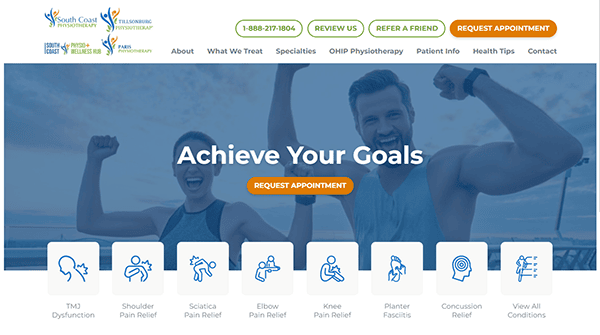 A promotional image from South Coast Physiotherapy highlighting health services. There are pictures of smiling people and icons representing various types of pain treatments. Text reads "Achieve Your Goals.