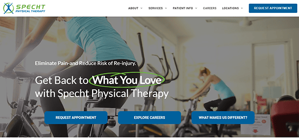 Screenshot of a physical therapy website showing a tagline "Get Back to What You Love with Specht Physical Therapy" over an image of people exercising on stationary bikes.