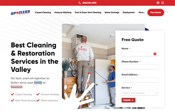 A person in a uniform stands on a ladder and works on air vents in a room with text promoting cleaning and restoration services. A quote form is visible on the right side of the image.