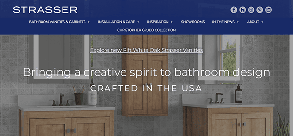 Homepage of Strasser showcasing a banner image with a bathroom vanity setup and text promoting their Rift White Oak Strasser Vanities. Text highlights creativity and products crafted in the USA.