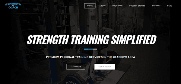 A gym website homepage showing a person lifting weights. The site offers premium personal training services in Glasgow, with navigation links to Home, About, Programs, Success Stories, Contact, and Blog.