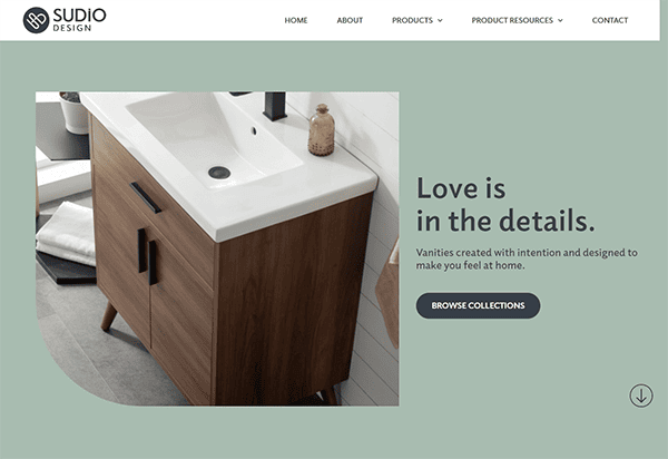 Modern bathroom vanity with a white sink and wooden cabinet. The website header and navigation bar are visible above the product image. A text overlay reads, "Love is in the details. Browse Collections.