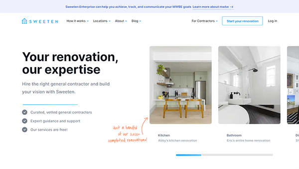 Website screenshot showcasing Sweeten's renovation services with examples of completed kitchen and bathroom projects. The header highlights their expertise in hiring vetted general contractors.