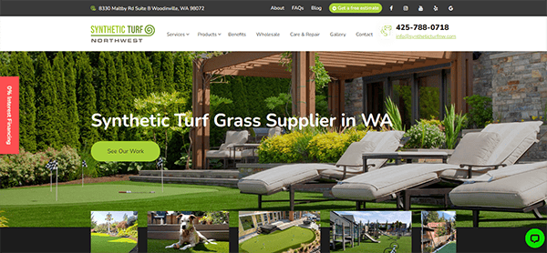 Website homepage of Synthetic Turf Northwest, featuring images of outdoor synthetic turf installations, contact information, and navigation menu options such as Services, Products, and Gallery.