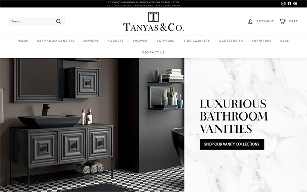 A website page displaying Tanyas & Co.'s luxurious bathroom vanities with a sleek, modern design. The main section features a black vanity set against a monochrome checkered floor.