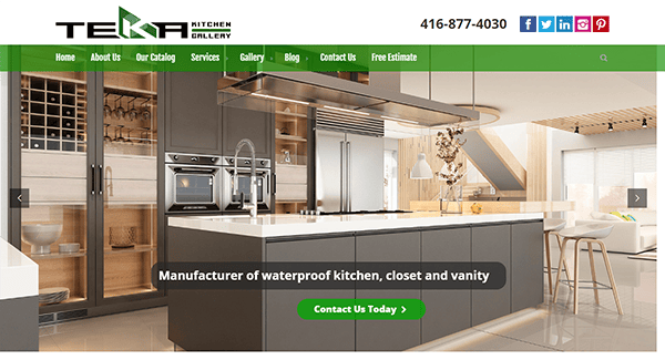 A modern kitchen showroom website with black and wood cabinets, white countertops, and stainless steel appliances. The banner reads, "Manufacturer of waterproof kitchen, closet, and vanity.