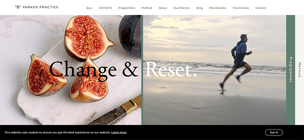 A website banner divided in two sections: on the left, sliced figs on a cutting board; on the right, a person jogging on the beach. Text overlay reads "Change & Reset.
