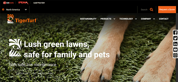 Close-up of a dog’s paws on artificial turf with text overlay: "Lush green lawns, safe for family and pets. Soft, safe, low maintenance." TigerTurf logo and navigation menu are visible at the top.