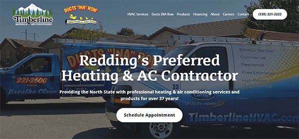 Two service vans from Timberline Heating & Air Conditioning parked outside a building. The text reads: "Redding’s Preferred Heating & AC Contractor. Providing the North State with professional services for over 37 years!.
