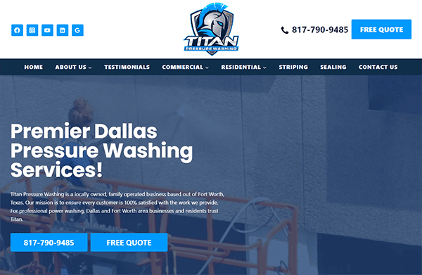 Screenshot of a website for "Titan Pressure Washing" featuring services for commercial and residential properties, along with contact information and navigation links.