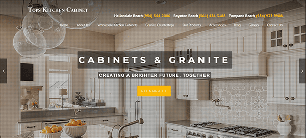 A website homepage for Tops Kitchen Cabinet featuring a modern kitchen image, navigation options, and contact numbers for Hallandale Beach, Boynton Beach, and Pompano Beach.