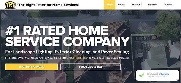 A website homepage for a home service company rated #1. Services include landscape lighting, exterior cleaning, and paver sealing. Features instant quotes and a contact number: (407) 228-3452.
