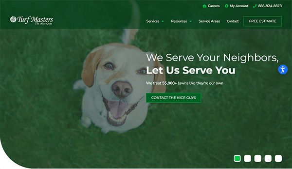 A happy dog sitting on a lawn with the text "We Serve Your Neighbors, Let Us Serve You" and a button that says "Contact The Nice Guys" on one of the Best Turf Website Designs, Turf Masters.