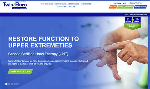 Screenshot of Twin Boro Physical Therapy webpage with the title "Restore Function to Upper Extremities" and options to find certified hand therapy locations in New Jersey.