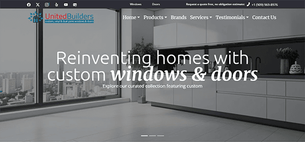 Screenshot of United Builders homepage promoting custom windows and doors, with navigation links at the top and sections for products, brands, services, testimonials, and contact information.