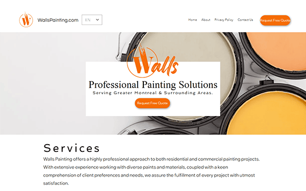 Screenshot of Walls Painting website featuring a banner with text "Professional Painting Solutions Serving Greater Montreal & Surrounding Areas" above an orange button labeled "Request Free Quote" and containers of paint.