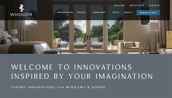 Homepage of Windoor company featuring a modern living room with large glass doors opening to a garden. Text reads: "WELCOME TO INNOVATIONS INSPIRED BY YOUR IMAGINATION. Luxury Innovations for Windows & Doors.