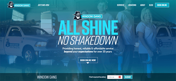 Window Gang homepage featuring the slogan "All Shine No Shakedown." Includes links to services, locations, and blog, with contact information and a "Book Online Now" button. Background shows two people and company vehicles.