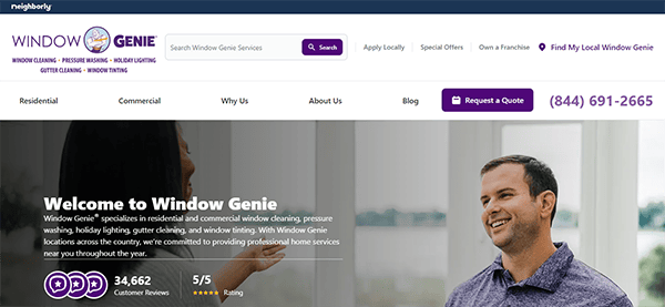 Screenshot of Window Genie's website homepage featuring their services like window cleaning, pressure washing, and window tinting. A smiling man is pictured on the right side, with contact information and reviews visible.