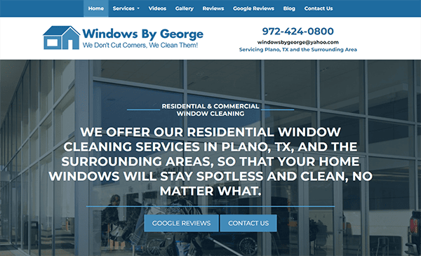 Windows By George website offering residential and commercial window cleaning services in Plano, TX, and surrounding areas. Contains contact information and links to Google reviews and contact page.