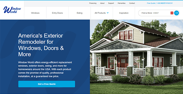 Screenshot of Window World's website featuring their home remodeling services for windows, doors, and siding. The page emphasizes energy-efficient products and professional installation.