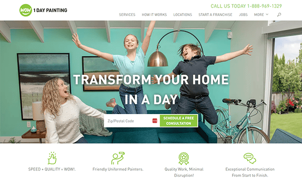 Three people, two jumping on a couch and one standing, appear happy under a text banner that reads "Transform Your Home in a Day". The website advertises painting services with contact info and navigation options.