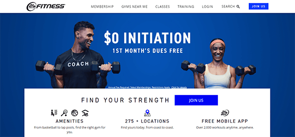 Two individuals lifting dumbbells are featured on a fitness center's website promoting "$0 Initiation, 1st Month's Dues Free." The page includes links for membership, classes, and other gym services.