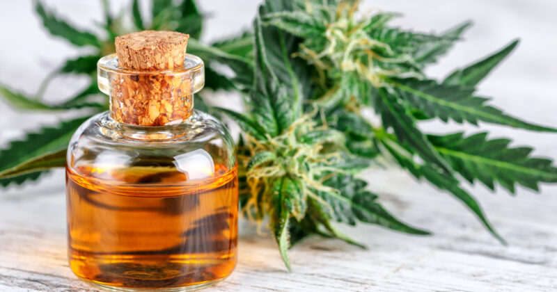 A small glass bottle filled with amber liquid and a cork stopper is placed next to fresh green cannabis leaves on a light wooden surface, reminiscent of the aesthetic choices in the best dispensary websites.