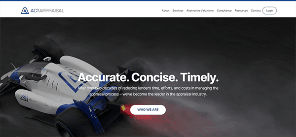 Homepage of a company website featuring a speeding race car, with text reading "Accurate. Concise. Timely." and a button labeled "WHO WE ARE." Menu options at the top include About, Services, and others.