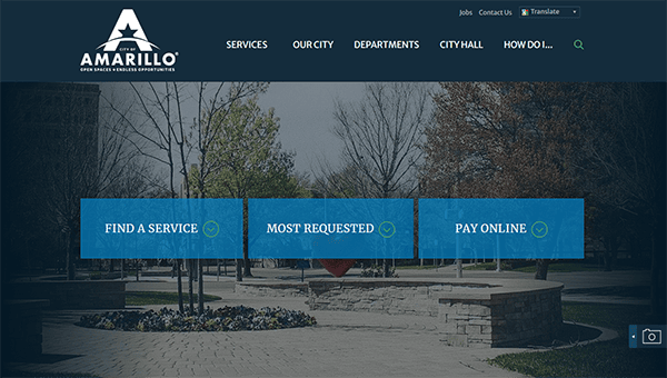 Screenshot of the Amarillo city website homepage. It features links to "Find a Service," "Most Requested," and "Pay Online" on a background of a city park with trees and landscaping.