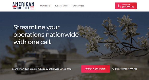 Screenshot of the American On-Site webpage. The header reads "Streamline your operations nationwide with one call." There is a button to order a dumpster and contact information on the right side.