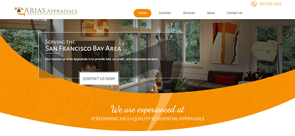 Screenshot of the Arias Appraisals website showing their home page. Text reads, "Serving the San Francisco Bay Area. We are experienced at performing high-quality residential appraisals." Contact information is visible.