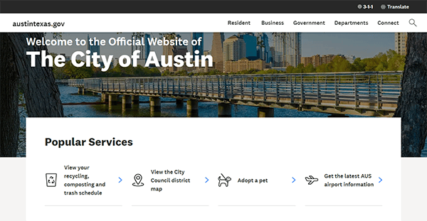 Screenshot of the City of Austin's official website, showing navigation options for residents, businesses, and government services, along with quick links to popular services like trash schedules and pet adoption.