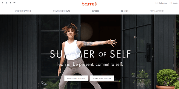 A person in workout attire stands with arms outstretched in front of large glass doors. The text reads "SUMMER OF SELF" with options to find a studio or work out online. The webpage is for barre3.