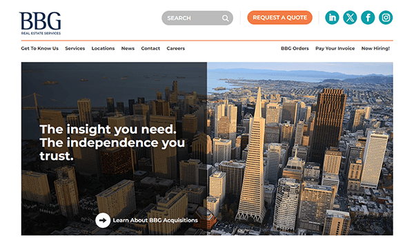 A website homepage for BBG Real Estate Services featuring a city skyline. The text reads: "The insight you need. The independence you trust." Menu options and various links are displayed.