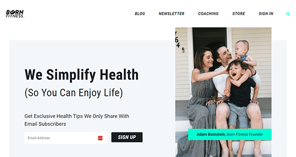 Website page of Born Fitness featuring a family on the right. Text on the left describes a health tips newsletter. The "Sign Up" button is below an email input field.