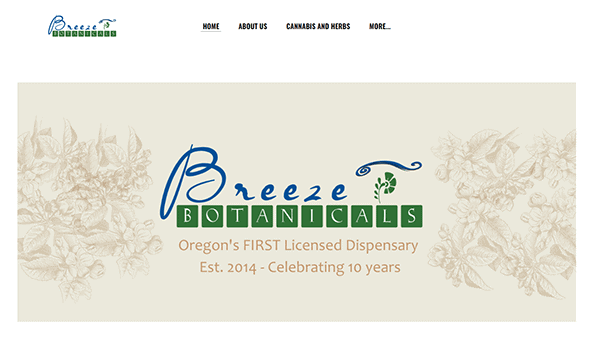 Homepage screenshot of Breeze Botanicals, highlighting its status as Oregon's first licensed dispensary, established in 2014 and celebrating 10 years.