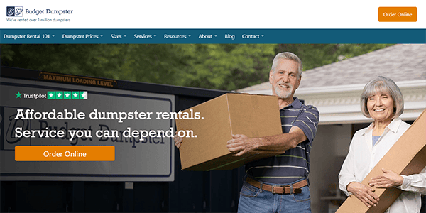 An older man and woman smile while moving cardboard boxes, promoting "affordable dumpster rentals" from Budget Dumpster. A Trustpilot rating of 4.5 stars is shown along with "Order Online" buttons.