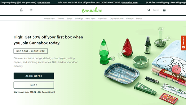 A promotional webpage for Cannabox, offering 30% off the first box. Various cannabis-related items are displayed including pipes, rolling papers, and accessories. There's a "Claim Offer" button.
