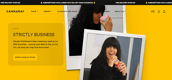 Claudia Winkleman is seen peeking at new CBD products in two photos on the Cannaray website. A yellow banner promotes "Strictly Business" and Claudia's CBD picks.