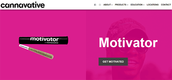 Website banner with pink background featuring a pre-rolled joint labeled "motivator by Cannavative" on the left and the word "Motivator" with a "Get Motivated" button on the right.