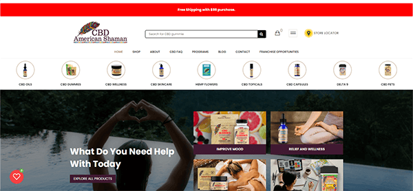 Screenshot of the CBD American Shaman website homepage, displaying product categories like oils and gummies, a search bar, navigation menu, and a banner promoting CBD products for mood and wellness.